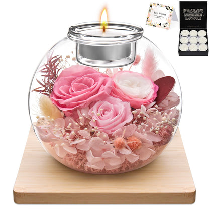Preserved Flowers in Glass Dome with Candle Holder, Real Roses Eternal Flower Arrangement, Scented Candle Gift Set with 18 Candles for Women Mom Wife Birthday Mother's Day Valentine's Day (Pink)