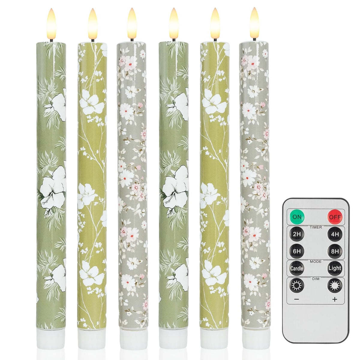 MAITREYA Green Flameless Taper Candles with 11-Key Remote Timer,LED Tall Candlesticks Battery Operated 3D Flickering Flame Lights for Christmas Decorations Home Table Centerpiece,10.6 Inch，6 Pcs