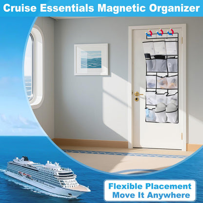 Cruise Magnetic Door Organizer with Hooks – 15 Large Pockets, Strong Anti-Scratch Magnets, Over-the-Door Cruise Essentials Storage for Cruise Cabins