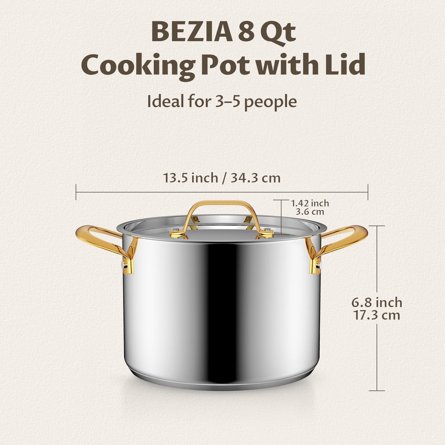 BEZIA 6 Quart Stainless Steel Stock Pot, 0-Coating Healthy Soup Pot for Small Families, Tri-ply Even Heat for Daily Cooking & Side Dishes, Compatible with All Stovetops