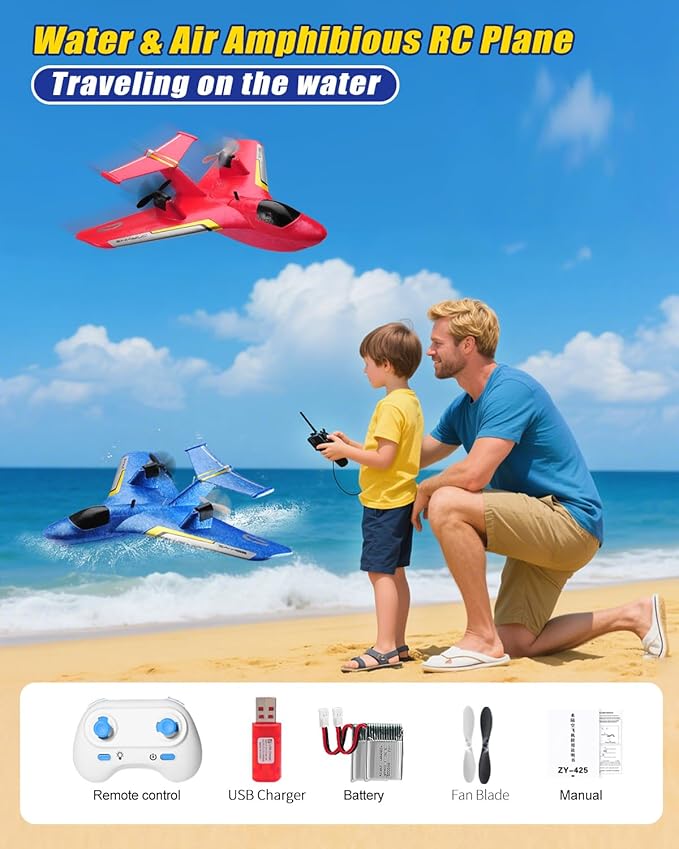 Remote Control Airplanes for Kids 2.4Ghz RC Water Plane Gifts for Boys Age 8-13 Year Old Easy to Fly Mini Glider with Gyro/Lights/2 Batteries Cool Toys for Birthday Christmas(Red)