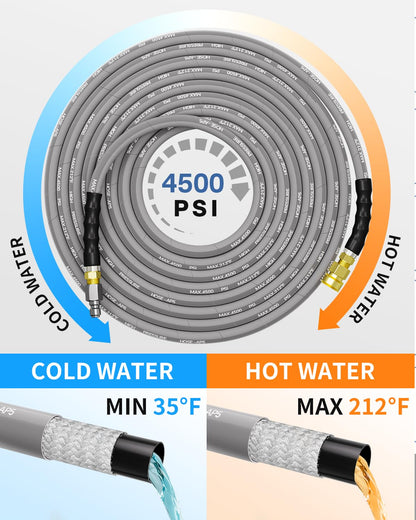 KARHDIR Pressure Washer Hose 125FT 3/8" for Cold and Hot Water 212°F, with Swivel Quick Connect, 4500PSI Kink Resistant Grade Steel Wire Braided, Power Washer Hose With 2pcs M22-14mm Adapter