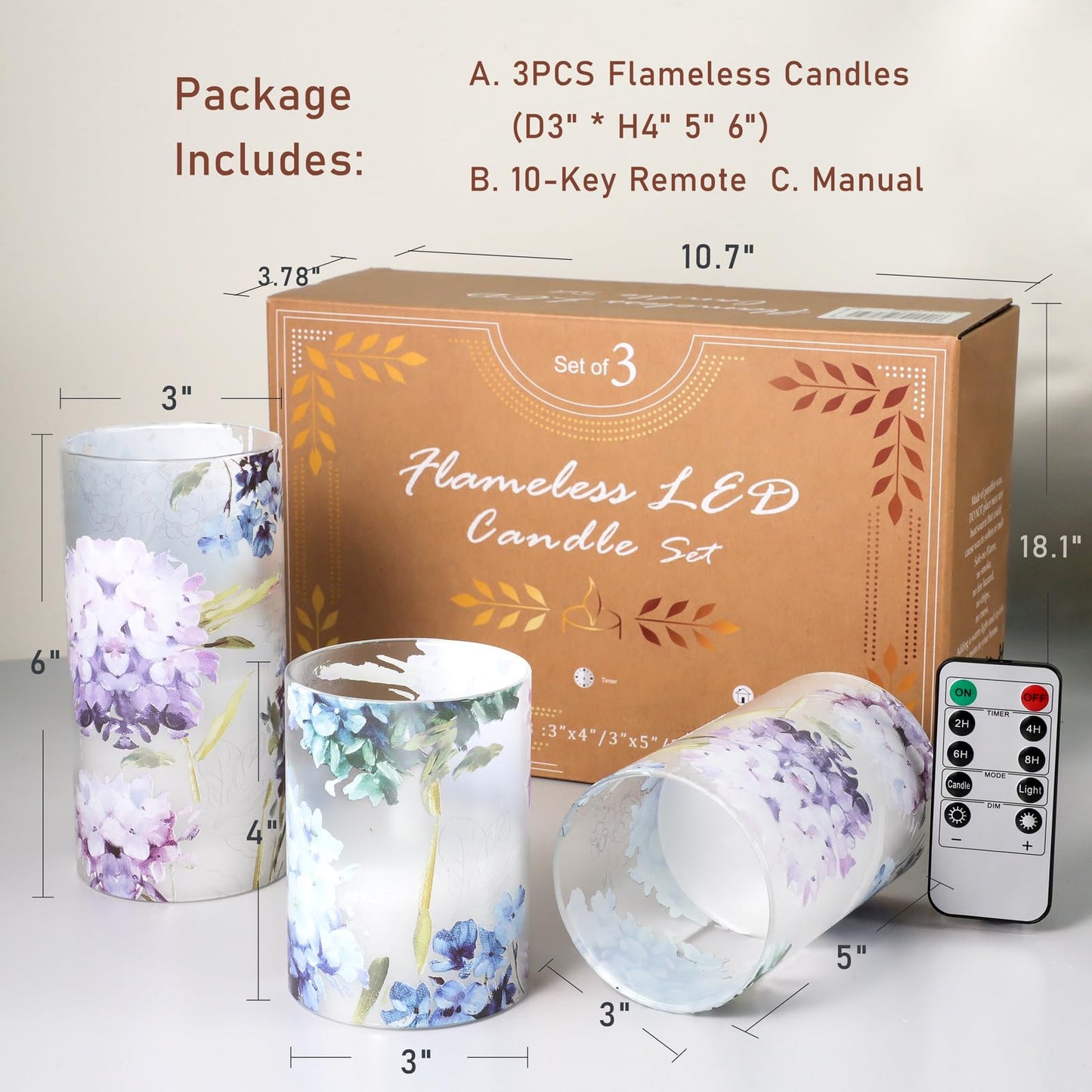 Silverstro Hydrangea Flameless Candles with Remote Blinks Glass Real Wax LED Candles - Home Party Wedding Romantic Love Theme Summer Holiday Decor - Set of 3