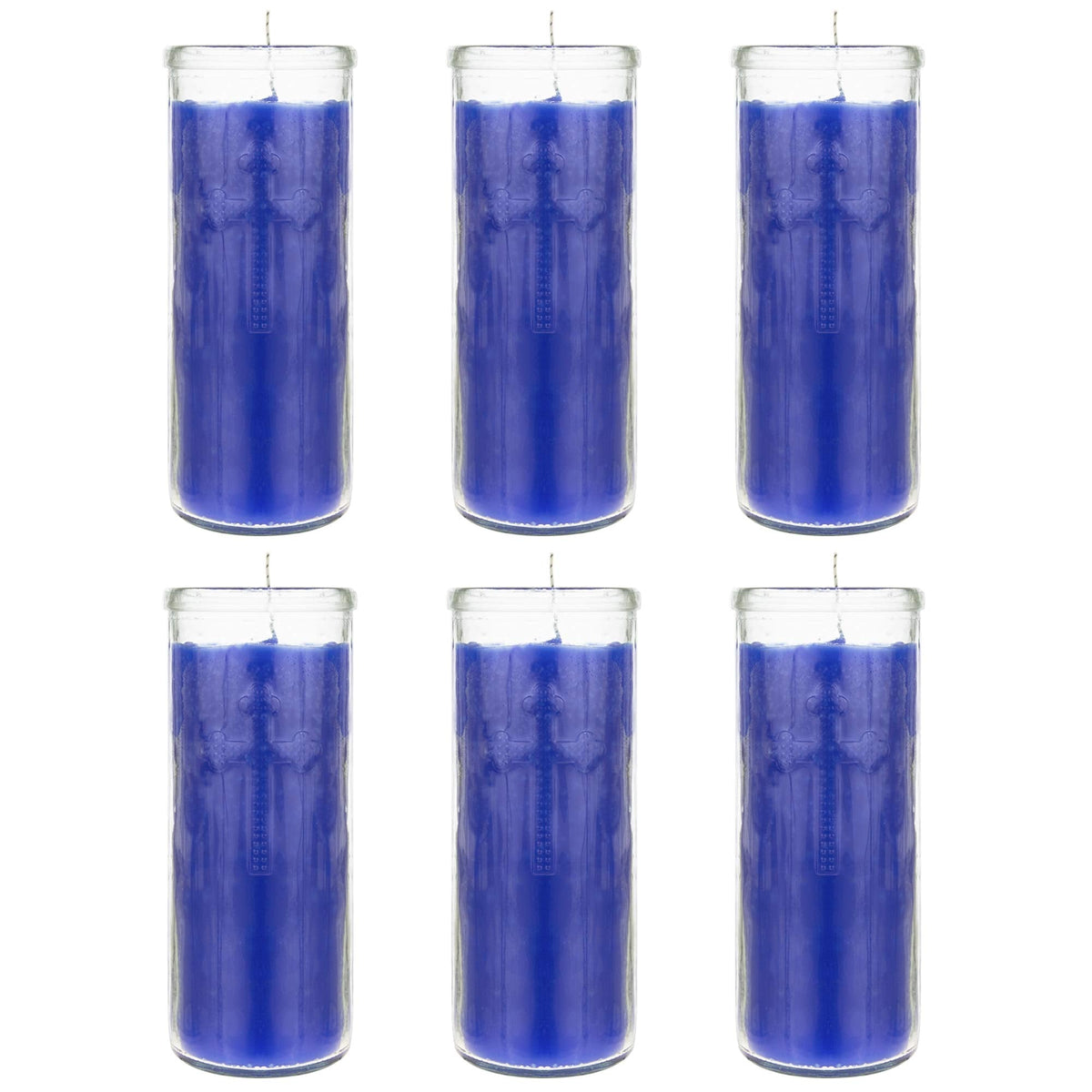 Mega Candles 6 pcs Unscented Blue Dual Cross Glass Container Altagraciano Devotional Prayer Candles, Premium Wax Candle 3 Inch x 7.25 Inch, Sanctuary, Vigils, Prayers, Blessings, Religious, Memorials