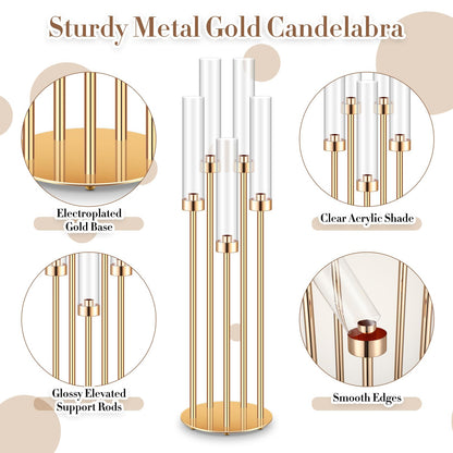 Tandefio 4 Pcs Acrylic Candelabra Centerpieces 35" Tall Clear Candle Holders Pillar Taper Candlestick with Lampshades 5 Arm Floor Candelabra Stand for Wedding Christmas Ceremony Dinner Party