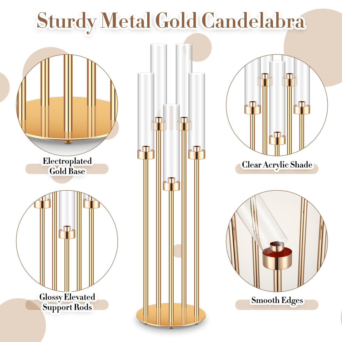 Tandefio 8 Pcs Acrylic Candelabra Centerpieces 35" Tall Clear Candle Holders Pillar Taper Candlestick with Lampshades 5 Arm Floor Candelabra Stand for Wedding Christmas Ceremony Dinner Party