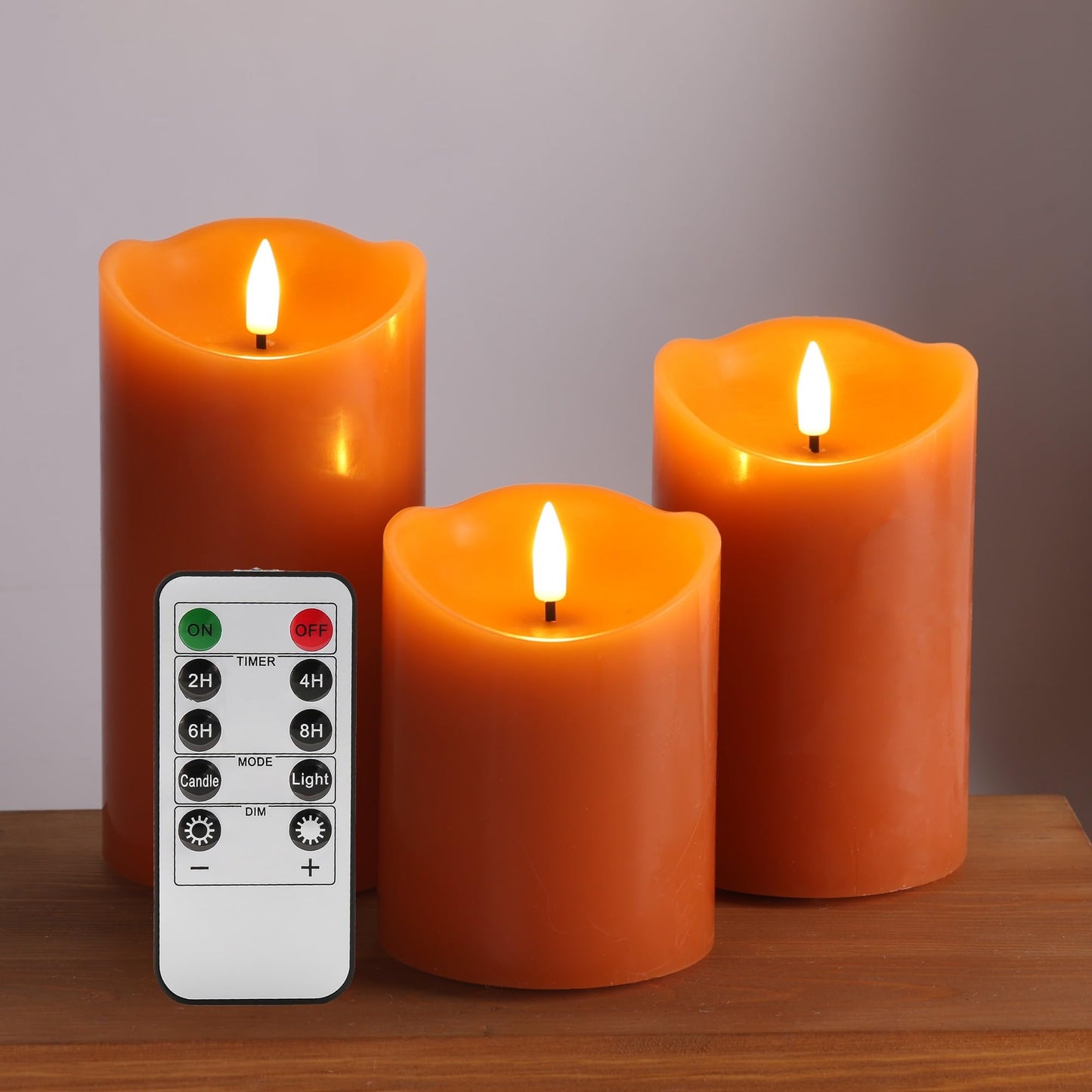 Eywamage Orange Flameless Pillar Candles with Remote, Flickering Real Wax LED Battery Candles Home Table Decor Set of 3