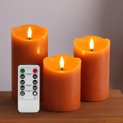 Eywamage Orange Flameless Pillar Candles with Remote, Flickering Real Wax LED Battery Candles Home Table Decor Set of 3