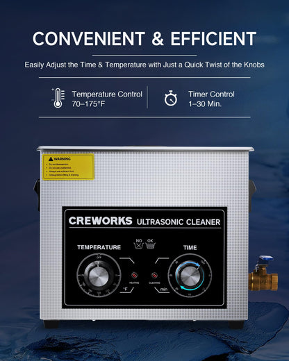 CREWORKS 6.5L Ultrasonic Cleaner with Knob, 1.7 gal 120W Professional Industrial Auto Cleaning Machine for Tools Watch Glasses Retainer Denture Parts, 40kHz Digital Heated Sonic Cavitation Cleaner