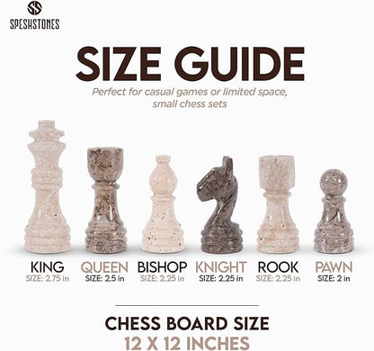 Marble Chess Set for Adults 12 Inch Handmade Travertine and Oceanic Board Game with Storage Box Travel Chess Set for Tabletop with Pieces &amp 2 Extra Queens Gifts for Home Décor