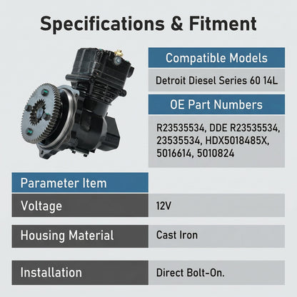 Air Brake Compressor Replacement for Detroit Diesel Series 60 14L Engine – Compatible with R23535534 HDX5018485X DDE R23535534 23535534, Heavy Duty 12V Air Compressor for Trucks