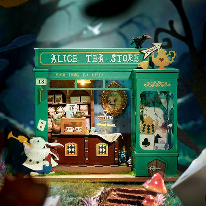 Rolife DIY Miniature House Kit Alice's Tea Store, Tiny House Kit for Adults to Build, Mini House Making Kit with Furniture, Halloween/Christmas Decorations/Gifts for Family Friends (Alice's Tea Store)