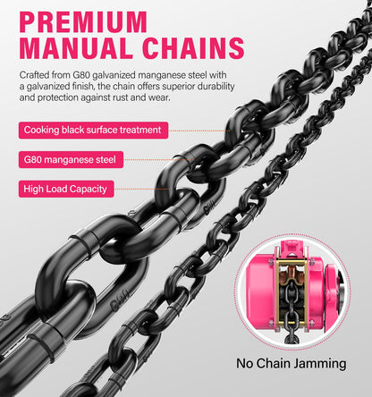 HUGOASIS Lever Chain Hoist 3/4 Ton 1650 Lbs Capacity 10FT Lift 2 Heavy Duty Hooks,Manganese Steel G80 Manganese Steel with Double-Pawl Brake Chain Come Along for Warehouse,Automotive,Garages,Pink