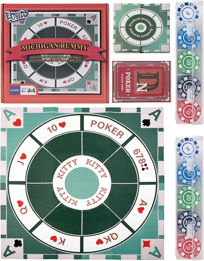 Extguds Michigan Rummy Deluxe Board Game Set: Felt Game Mat + 2Boxes of Playing Chips (200 Pieces)+1Deck of Poker+1Game Manual.The Perfect Blend of Rummy and Poker Perfect for Family Game Night