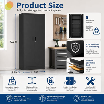 GarveeHome 71in Heavy-Duty Locking Steel Storage Cabinet, Double Doors, Four Adjustable Shelves, for Garage Pantry Office Workshop, Black