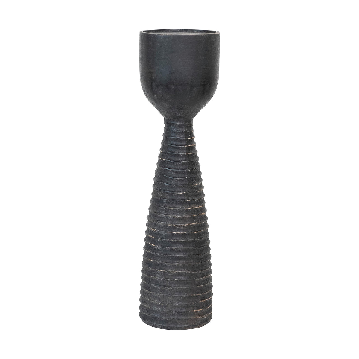 Bloomingville Round Hand-Carved Mango Wood Ribbed Candle Holder, Black (Holds 4 inches Pillar)