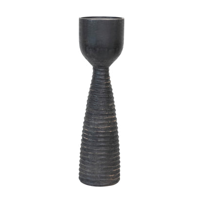 Bloomingville Round Hand-Carved Mango Wood Ribbed Candle Holder, Black (Holds 4 inches Pillar)