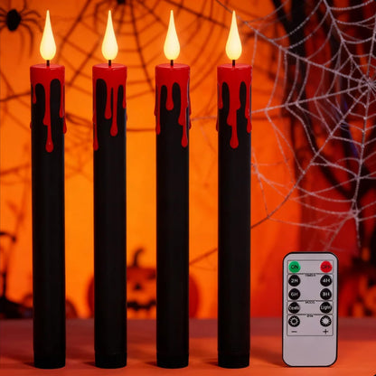 Eldnacele LED Flameless Taper Candles Battery Operated with Remote and Timer 3D Wick Flickering Blood Dripping Halloween Dinner Spooky Horror Home Decoration Set of 4 Black Candles, 0.78" x 8.9"