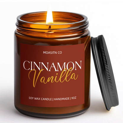 Cinnamon Vanilla Candle for Home Scented| Organic Soy Non Toxic Candles| Long Clean Burning Aromatheraphy Jar Candel for Women Men for Autumn,Winter, Halloween,Thanksgiving,Relaxing| 9oz