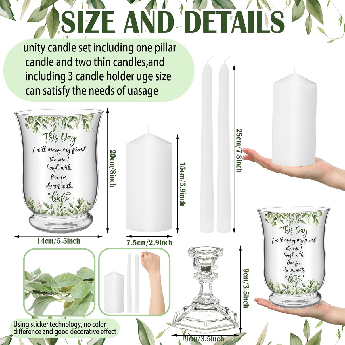 Irenare Unity Candles with Holder for Wedding Ceremony Wedding Decortions Accessories Glass Candle Holder Pillar Candle for Formal Events Church(Green Leaf)