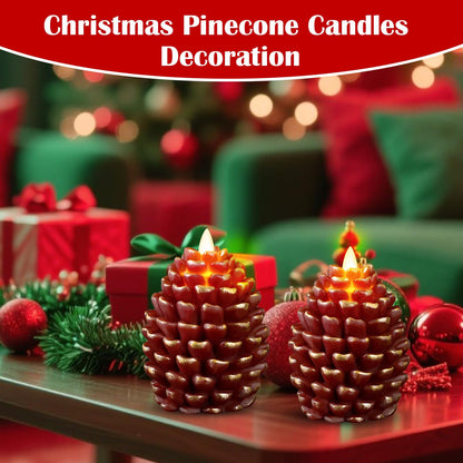 YIOJOYD Christmas Pinecone Candles Flameless,Battery Operated Candles with Flickering Wick,Indoors Fake Candle,Christmas Candle Pine Cones Holiday Decor,Winter Thanksgiving Decorations,Set of 2