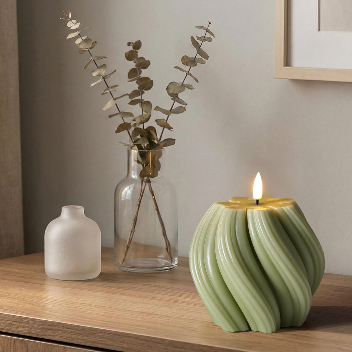 Girimax Sage Green Swirl Flameless Candles with Remote, Flickering LED Wax Candle Aesthetic Home Shelf Decor 1 Pack