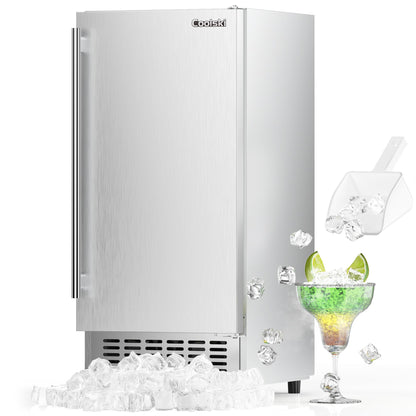 Coolski Under Counter Ice Maker Machine, Stainless Steel Built-in Freestanding Ice Maker for Commercial & Home Use, 80 Lbs/Day, 30 Lbs Storage, Self Cleaning, Thicknesses Adjustable