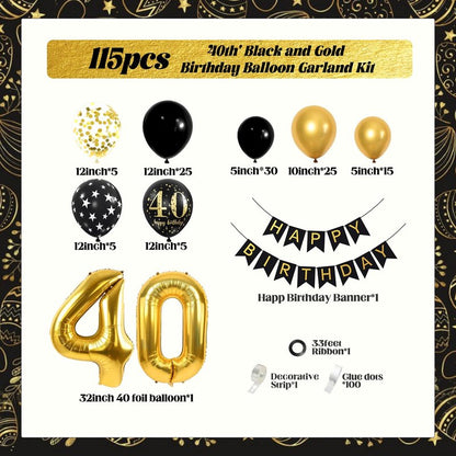 115pcs 40th Birthday Balloon Arch with Black Gold Balloon Garland happy Birthday Banner 40th Foil Balloon for 40th Birthday Decorations for Men or Women Anniversary Decorations