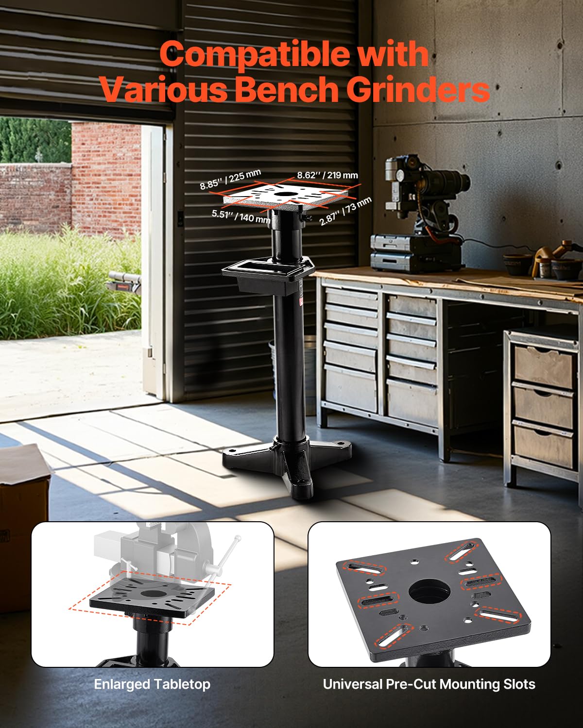 VEVOR Bench Grinder Stand, Heavy-Duty Bench Grinder and Vise Floor Pedestal with 10.6" x 10.6" Mounting Plate, Pre-Cut Mounting Slots & Water Pot, Compatible with Most Bench Grinders