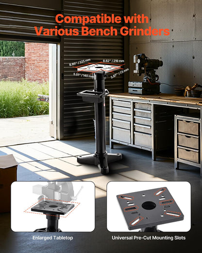 VEVOR Bench Grinder Stand, Heavy-Duty Bench Grinder and Vise Floor Pedestal with 10.6" x 10.6" Mounting Plate, Pre-Cut Mounting Slots & Water Pot, Compatible with Most Bench Grinders