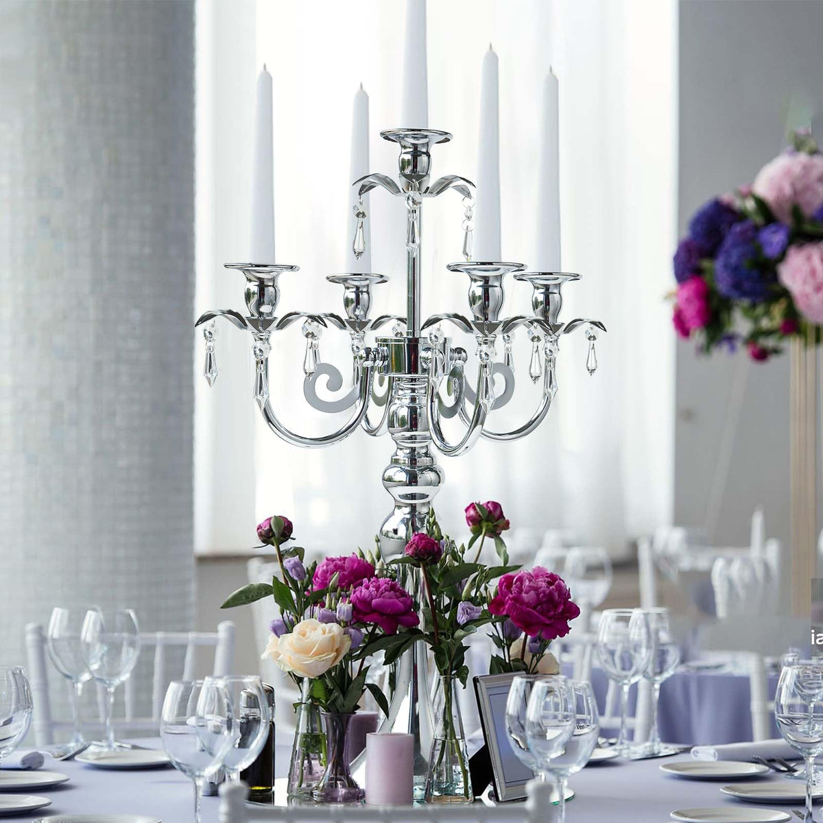 20.3'' Tall 5 Arm Candle Holder Centerpiece for Table, Metal Candelabra Candle Holder, Retro Candlestick Table Centerpieces for Party, Events, Home, Wedding Decor (1Pc, Silver)