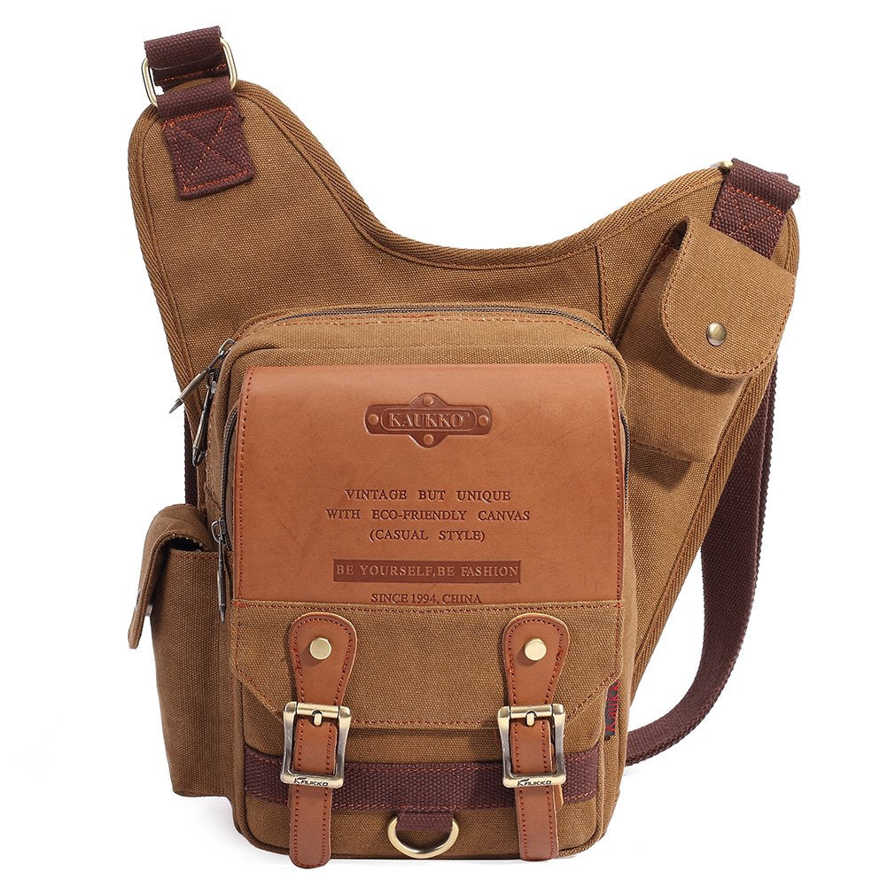 Mens Vintage Canvas Shoulder Bag Military Messenger Sling Bags Chest Leather Bag(SG255-Canvas Khaki)