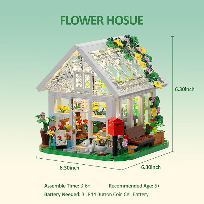 Flower House Building Set Creative Garden Playset Toy with LED Light Build a Greenhouse Model Great Gift for Friends or Girls (597 Pieces)
