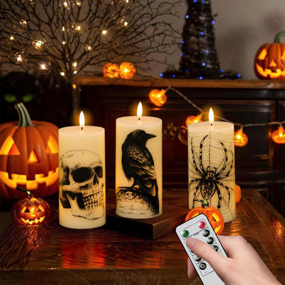 DRomance Halloween Flameless Candles Battery Operated with Remote and Timer, Real Wax 3D Wick LED Flickering Pillar Candles Skull Crow Spider Web Decals Dinner Halloween Decor(3 Pack, 3" D x 6" H)