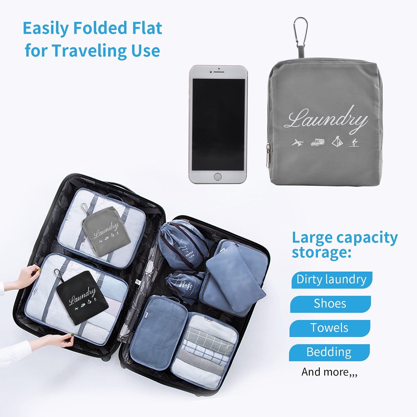 2 Pcs JHX Travel Laundry Bags, Dirty Clothes Organizer【Upgraded】with Handles and Aluminum Carabiner for Travel, Camp, Fitness, and Students (Black&Grey) 24"L x 21"W