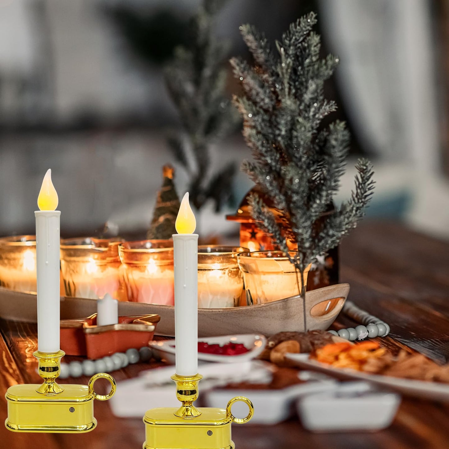 Set of 4 Battery Operated LED Window Candles with Dusk to Dawn Sensor, Flicker Flame Christmas Candles with Gold Base, 10 Inch Flameless Taper Candle Lights for Table Window Bedroom Christmas Decor