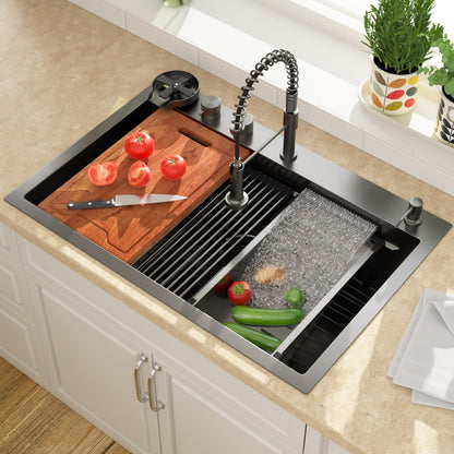 Lordear 30 Drop In Kitchen Sink with Faucet 30x22 Inch Black Waterfall Kitchen Sinks Topmount Stainless Steel 16 Gauge Single Bowl Workstation Kitchen Sink With Faucet Combo