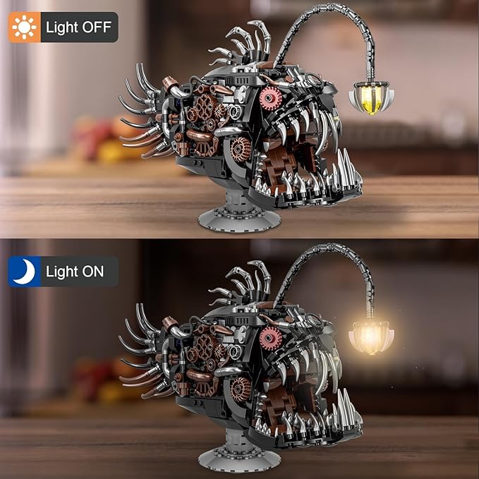 Mechanical Lantern Fish Building Set Creative Sea Animal Building Blocks Toys with Light Home Office Decor Toy Gift for Adults Teens Ocean Lovers 14+ (1038PCS)