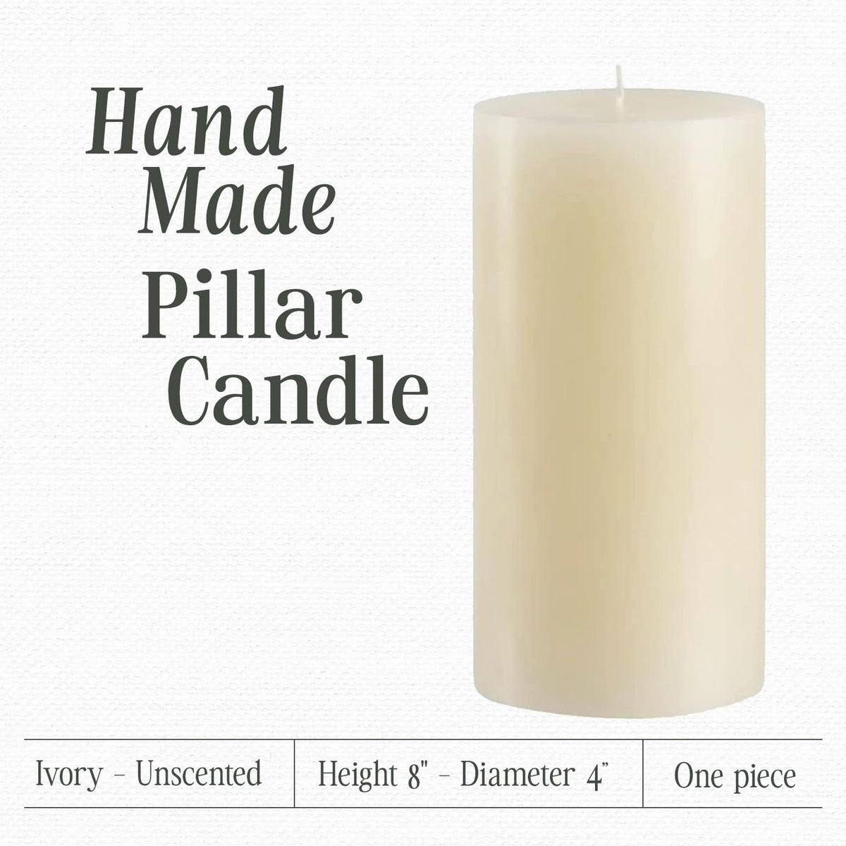 Mister Candle Non Scented Luxury 4 x 8 Pillar Candle, Hand Poured Ivory Unscented Candle for Home Decor, Premium Wax, Smokeless & Dripless, 160 Hour Burn Time