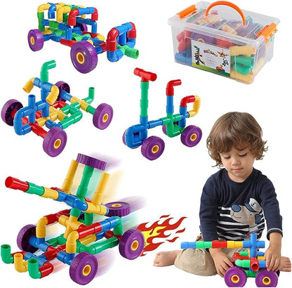 ZOZOPLAY STEM Learning Toy Tubular Pipes &amp Spouts &amp Joints 96 Piece Build Bicycle Tank Scootie Moter Skills Endless Designs Educational Building Blocks Set for Kid Ages 3+ Multicolor