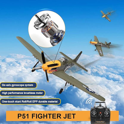 RC Airplane Brushless P51D Mustang RC Plane Ready to Fly Remote Control Airplane Fighter with 6-Axis Gyro 3 Flight Modes &amp Aerobatics 2.4GHz Radio Controlled Aircraft for Beginners Boys &amp Ad