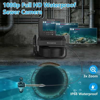 Drooameep Sewer Camera 100ft, Self Leveling Drain Camera, Plumbing Camera with 512Hz Sonde, Video & Voice Recorder, 3X Zoom, 9" Screen, 10000mAh, IP68, 32GB, 8 LED, for Drain Sewer Duct Plumbing