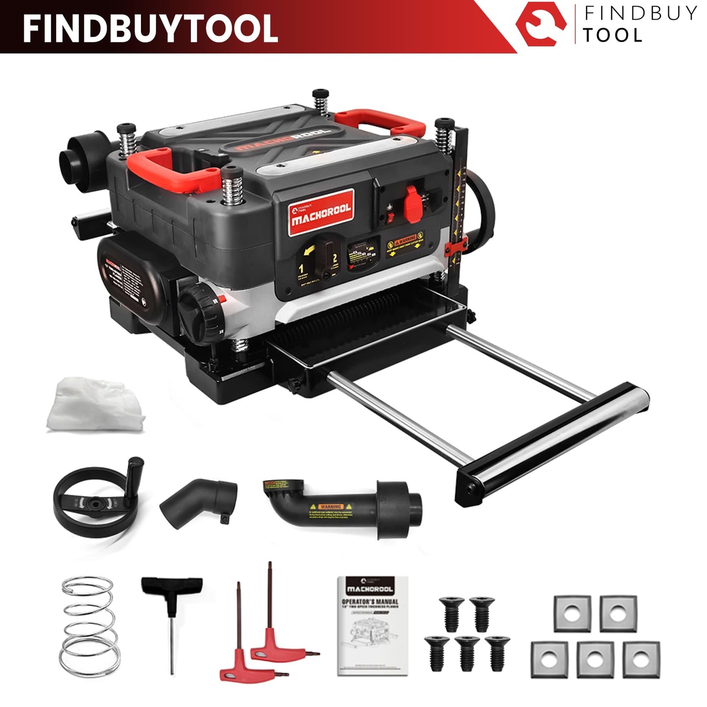 FINDBUYTOOL 13-Inch Thickness Planer with Helical Cutterhead - 2.5HP Motor, 2-Speed (21/12 FPM), 40 Carbide Inserts, Precision Depth Adjustment, Dust Port, LED Light- Professional Woodworking Tool