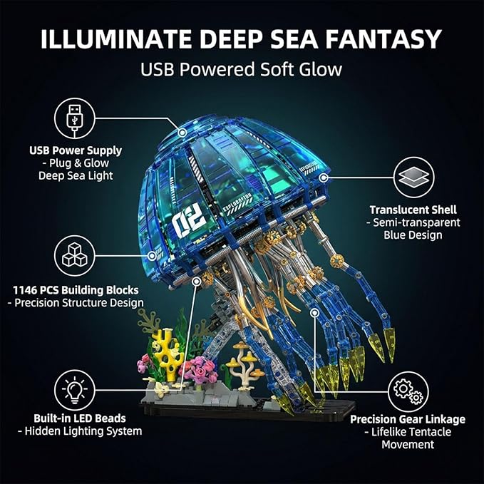 Biomimetic Mechanical Jellyfish Building Block Set – Gear-Driven Ocean Creature Model with Moving Tentacles and Display Base
