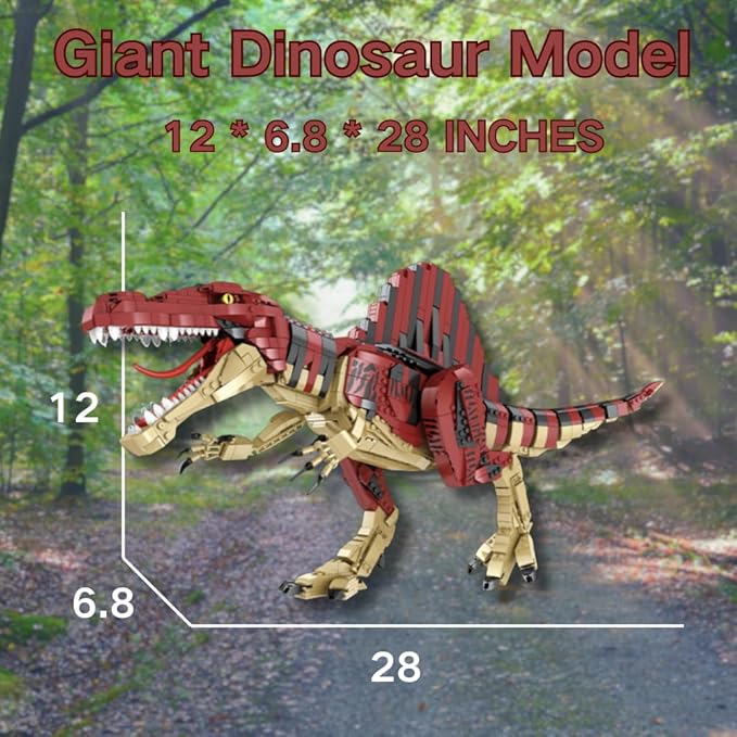 Large Spinosaurus Dinosaur Building Set 2000+ Pieces Large Display Model Poseable Dino Figure with Display Stand/Base Compatible with Lego Bricks Collectible Gift for Dinosaur Fans (Ages 6+)
