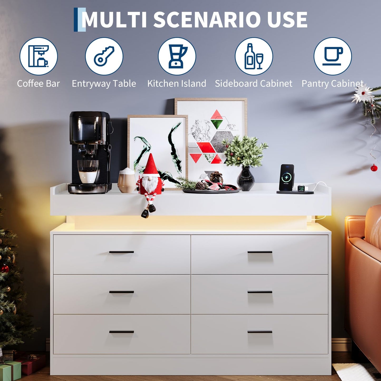 TV Stand Cabinet with LED Lights & Charging Station, Coffee Bar Cabinet Floating Countertop, Modern Sideboard Buffet 6 Drawers for Home, Living Room, White