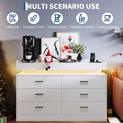 TV Stand Cabinet with LED Lights & Charging Station, Coffee Bar Cabinet Floating Countertop, Modern Sideboard Buffet 6 Drawers for Home, Living Room, White