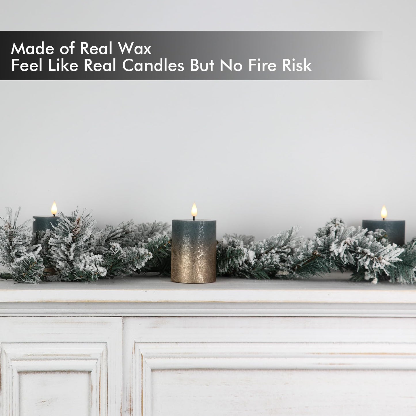 Fanna Flameless LED Pillar Candles with Timer for Wreath, Battery Operated Rustic Wax Candles with Remote for Christmas, 8 Batteries Included - Set of 4 (D 3" x H 4") - Misty Blue/Copper
