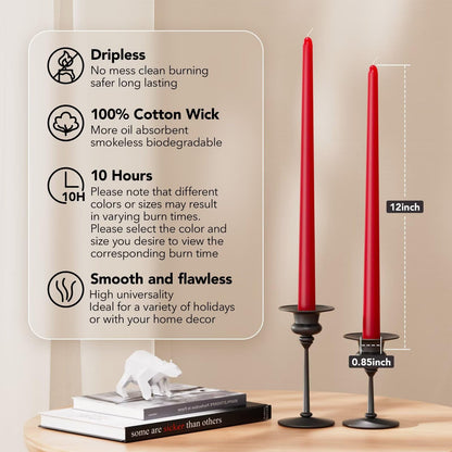 Pickood 12-Inch Tall Dripless Taper Candles Set of 4 - Red Tapered Candles, Perfect for Christmas - Smokeless, Unscented, Long Burning - Hand Poured, Colored Tall Candlesticks - Bright Red