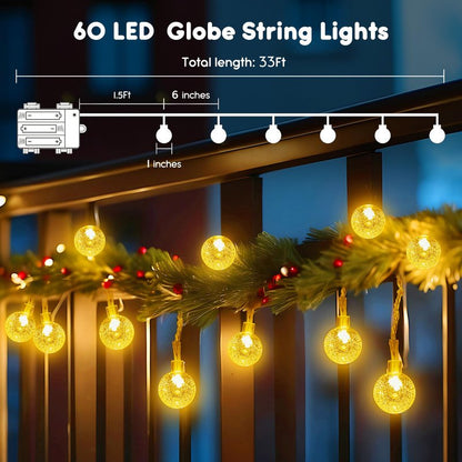 Minetom Crystal Globe String Lights Battery Operated - 33 ft 60 LED Globe Fairy Lights with Remote and 8 Modes, Waterproof for Bedroom Tent Loft Camping Porch Patio Party Wedding Decor, Warm White